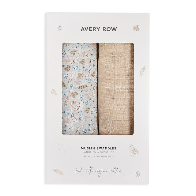 Avery Row Organic Cotton Baby Muslin Swaddles Set Of 2 - Nature Trail / Natural