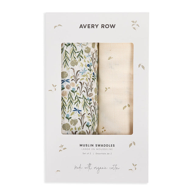 Avery Row Organic Cotton Baby Muslin Swaddles Set Of 2 - Riverbank / Nettle Scatter