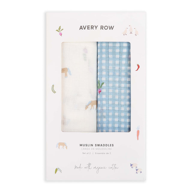 Avery Row Organic Cotton Baby Muslin Swaddles Set Of 2 - Little Farm / Radish