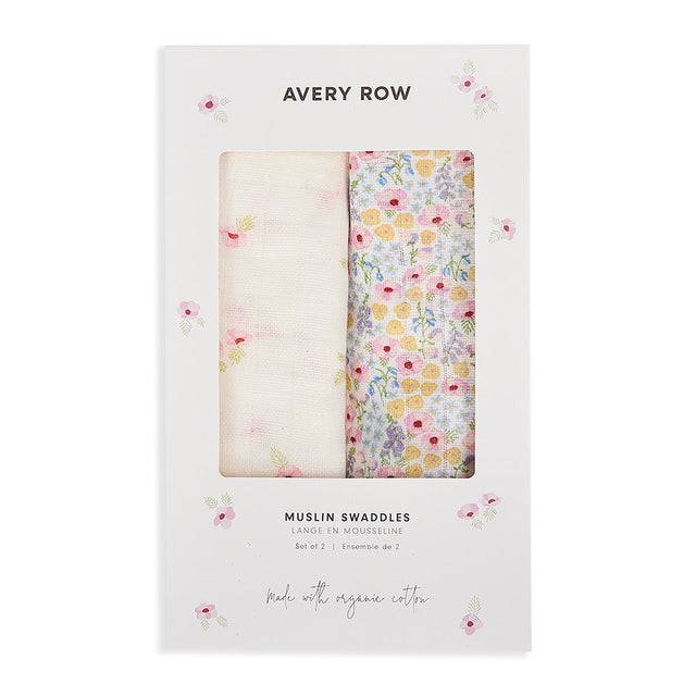 Avery Row Organic Cotton Baby Muslin Swaddles Set Of 2 - Wildflower Garden / Anemone