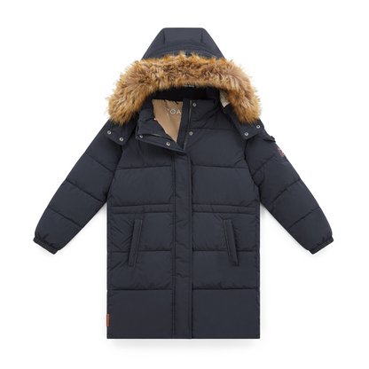 A long navy puffer parka with a brown faux-fur trimmed hood, shown flat against a white background.