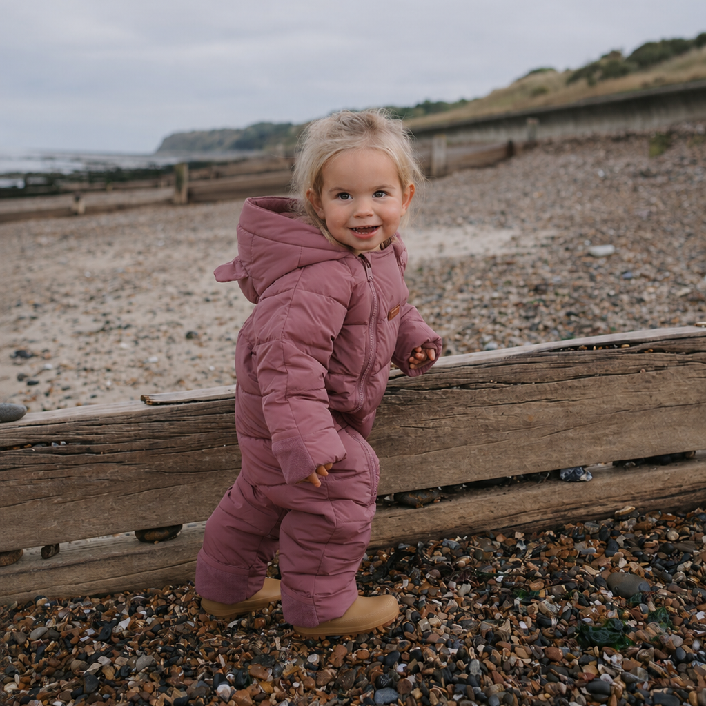 A toddler wearing a dusty rose pink hooded puffer snowsuit stands on a pebble beach next to a wooden dock, looking back over their shoulder.