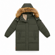 An olive green hooded puffer jacket with a brown faux-fur trimmed hood, displayed flat against a solid white background.