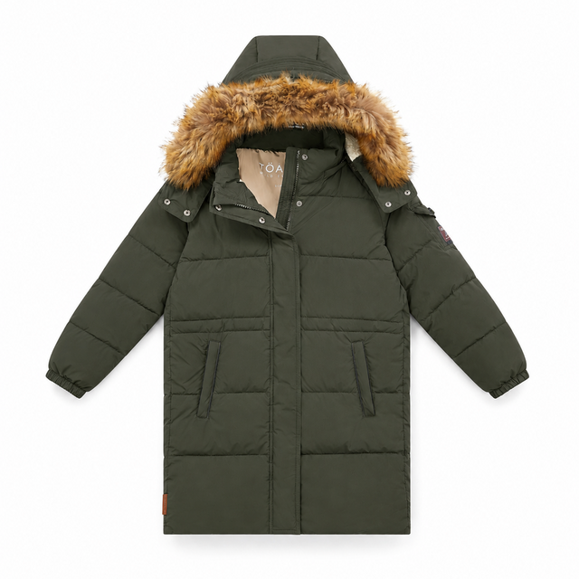 An olive green hooded puffer jacket with a brown faux-fur trimmed hood, displayed flat against a solid white background.