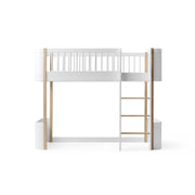 White and natural oak wooden mini loft bed with right-side ladder and open play space underneath, designed by Oliver Furniture for children ages 6+.