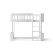 White Wood Mini+ Low Loft Bed by Oliver Furniture with right-side ladder, ideal for children ages 6+ with space for play and storage underneath.