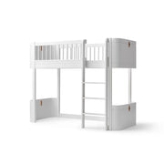 Oliver Furniture Wood Mini+ Low Loft Bed in white birch with right-side ladder, designed for children 6+ years with space-saving design ideal for smaller rooms and imaginative play.