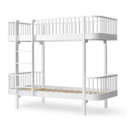 White Oliver Furniture Wood Original Bunk Bed with left-side ladder and curved safety railings, designed for siblings and convertible into two separate beds with optional conversion kit.