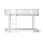 White Oliver Furniture Wood Original Low Loft Bed with left-hand ladder, under-bed space, and low height design for children ages 6 and up.