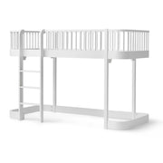 White birchwood Oliver Furniture Wood Original Low Loft Bed with left-hand ladder, curved safety rails, and versatile under-bed play space for children ages 6+.