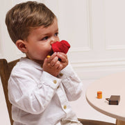 A toddler boy in a white long-sleeve shirt holds a Paddington bear doll and is giving it a kiss