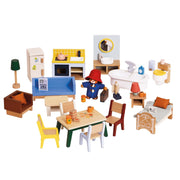 A wooden dollhouse playset featuring a living room, kitchen, bathroom, and bedroom with small furniture pieces and a Paddington Bear figure, photographed on a white background.