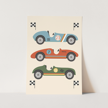 Kid Of The Village Race Cars Fine Art Print - Blue, Red, Green