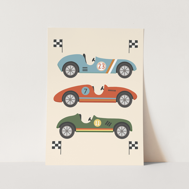 Kid Of The Village Race Cars Fine Art Print - Blue, Red, Green