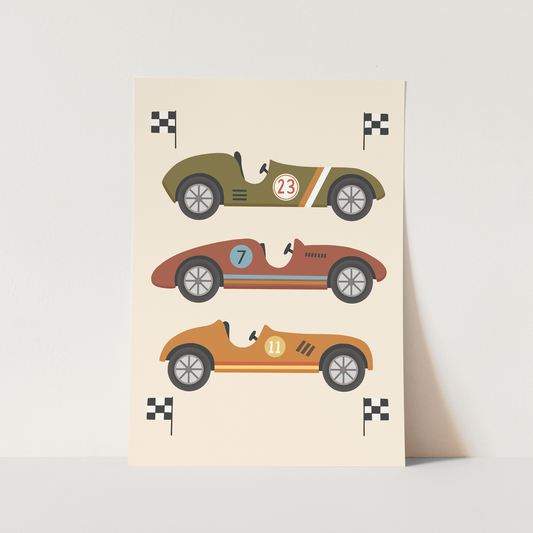 Kid Of The Village Race Cars Fine Art Print - Green, Brown, Orange