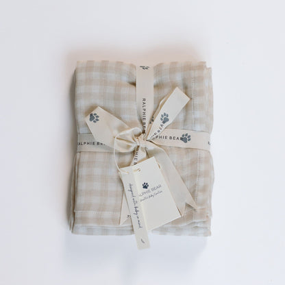 Ralphie Bear Large Muslin Swaddle - Gingham Beige