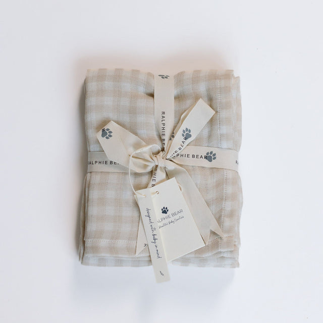 Ralphie Bear Large Muslin Swaddle - Gingham Beige