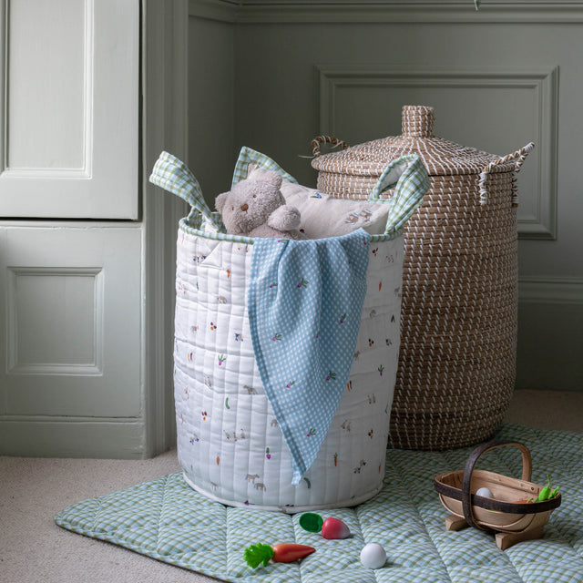 Avery Row Large Quilted Storage Basket - Little Farm / Greenhouse Gingham