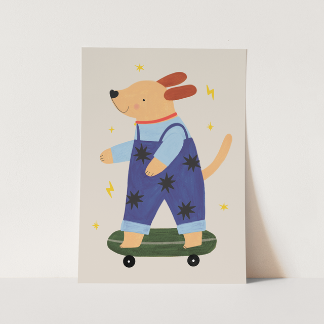 Kid of the Village Skater Pup Fine Art Print - Blue