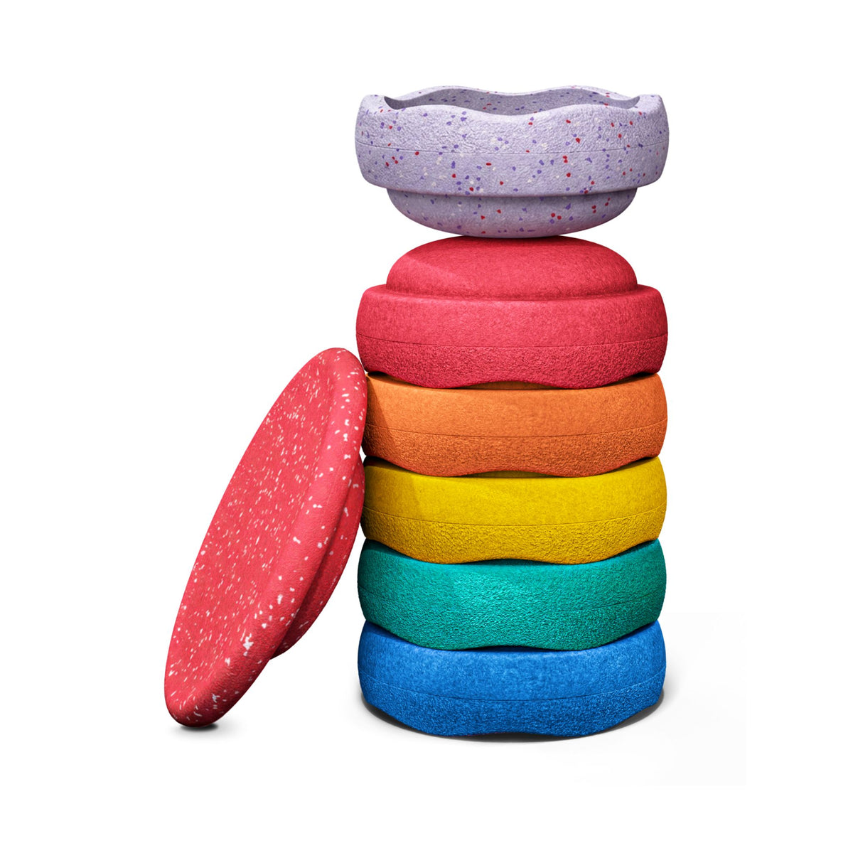 A set of colorful, textured stacking stapelstein stepping stones including red, orange, yellow, teal, and blue, with a lavender speckled stone on top, and a red speckled wobble board.