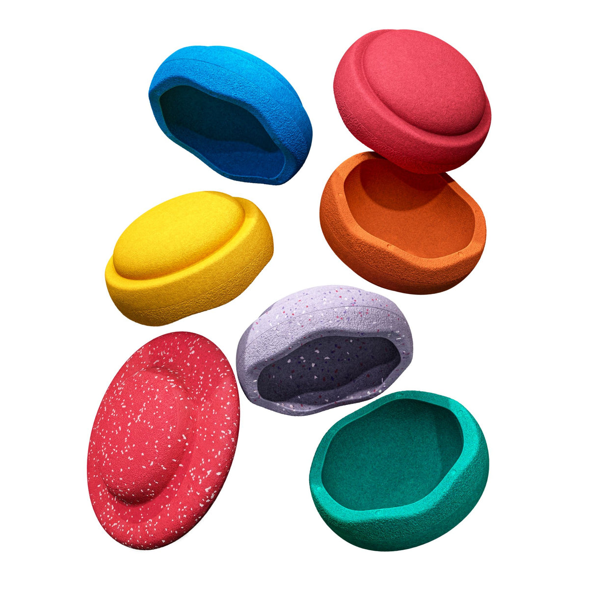 Six stapelstein stepping stones in assorted bright colors, including blue, red, yellow, orange, violet, and teal, and a red wobble board arranged on a plain white background.