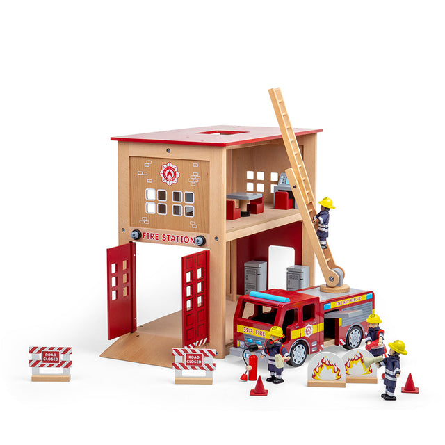 Tidlo Wooden Fire Station & Fire Engine Toy Bundle