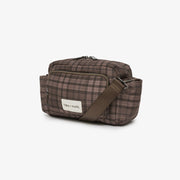 A brown and beige plaid crossbody bag with a brown adjustable strap and a white brand label reading 'Tiba+Marl', shown on a clean white background.
