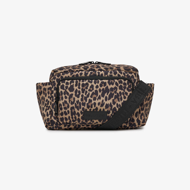 A leopard print crossbody bag with a black strap, shown against a plain light gray background.