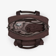 A dark brown duffel bag shown from a top-down view, open to reveal its interior storage compartments and packed items, set against a plain white background.