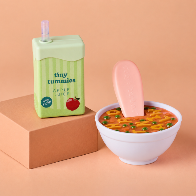 A toy drink carton labeled 'tiny tummies APPLE JUICE' in light green stands on a peach block beside a white bowl filled with colorful pretend food and a pink spoon, all on a peach background.