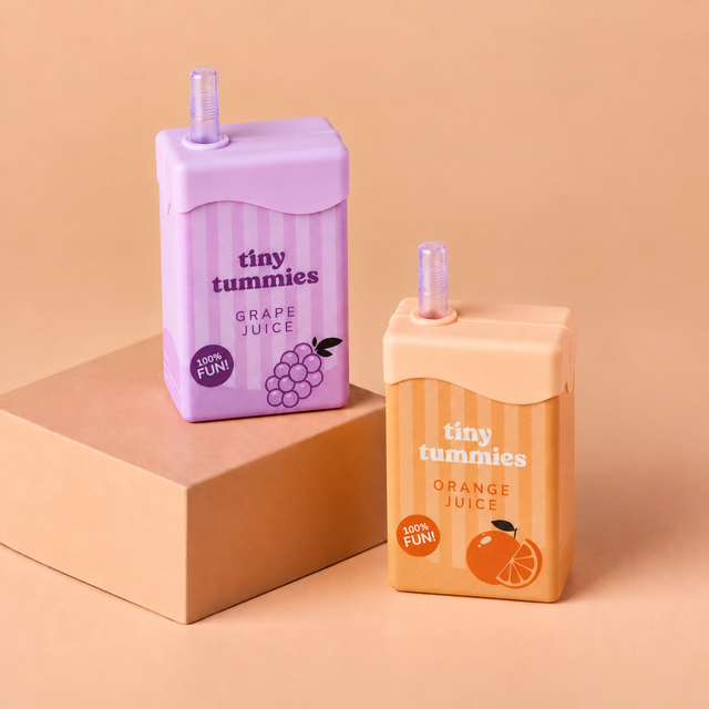 Two mini juice carton-shaped drink containers from tiny tummies, one purple grape juice and one orange orange juice, standing on a tan block against a warm beige background.