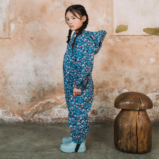 Toastie Waterproof Packable Puddlesuit - Floral Blue Rose Garden - Elasticated adjustable foot stirrups