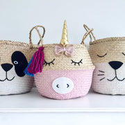 Three decorative baskets shaped like a panda, unicorn, and cat on a white background