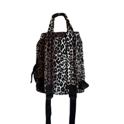 Wildride leopard print backpack with black handles and adjustable black shoulder straps, shown against a plain white background.
