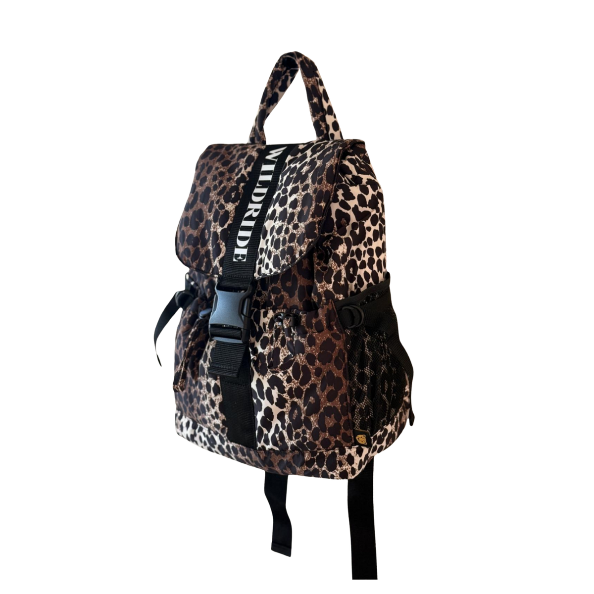 A leopard print backpack with black straps and buckles, featuring a vertical black strap with white text that reads 'WILDRIDE' on a plain white background.
