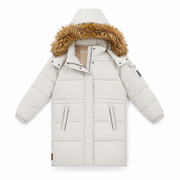 A long quilted puffer coat in off-white with a brown faux-fur trimmed hood, shown flat against a white background.