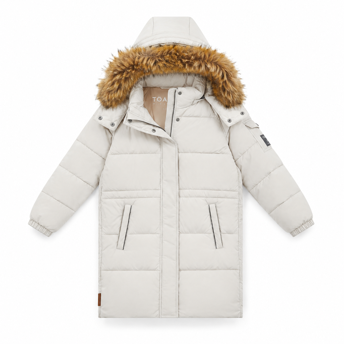 A long quilted puffer coat in off-white with a brown faux-fur trimmed hood, shown flat against a white background.