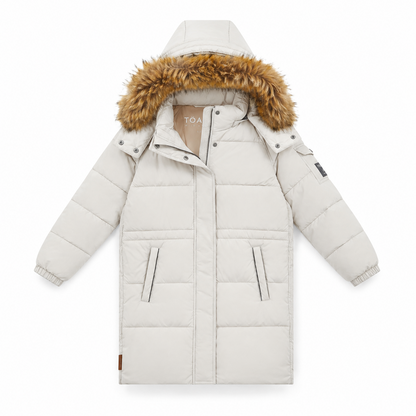 A long quilted puffer coat in off-white with a brown faux-fur trimmed hood, shown flat against a white background.