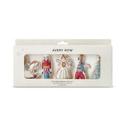 Avery Row Christmas tree decoration set of 5 in its original white window box packaging, featuring a nutcracker, sugar plum fairy, rocking horse, rat king and a Christmas tree ornament.