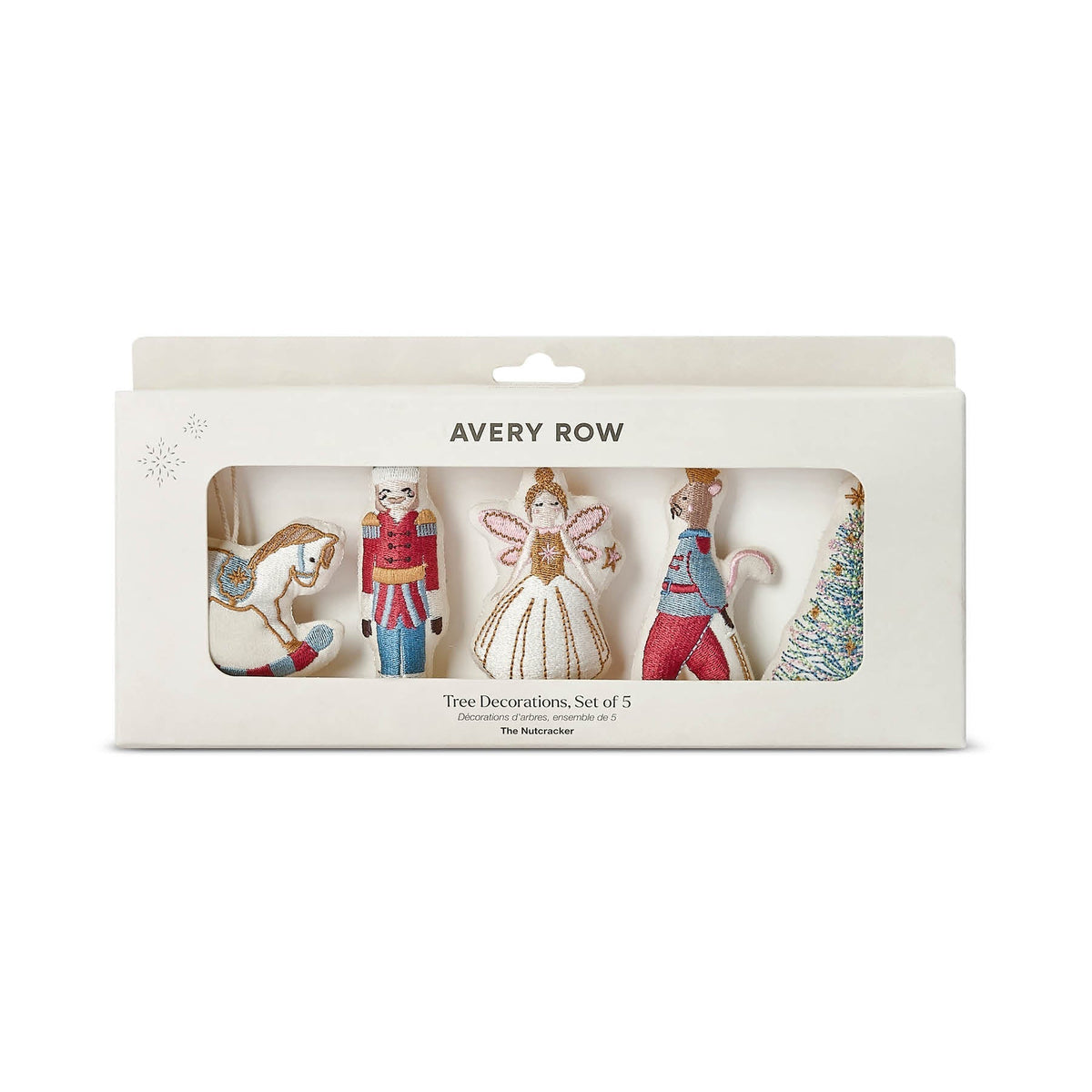 Avery Row Christmas tree decoration set of 5 in its original white window box packaging, featuring a nutcracker, sugar plum fairy, rocking horse, rat king and a Christmas tree ornament.