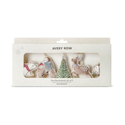 Avery Row Christmas tree decorations set of 5 in a white cardboard window box, featuring painted ornaments shaped like a polar bear, owls, tree, reindeer, and hedgehog.