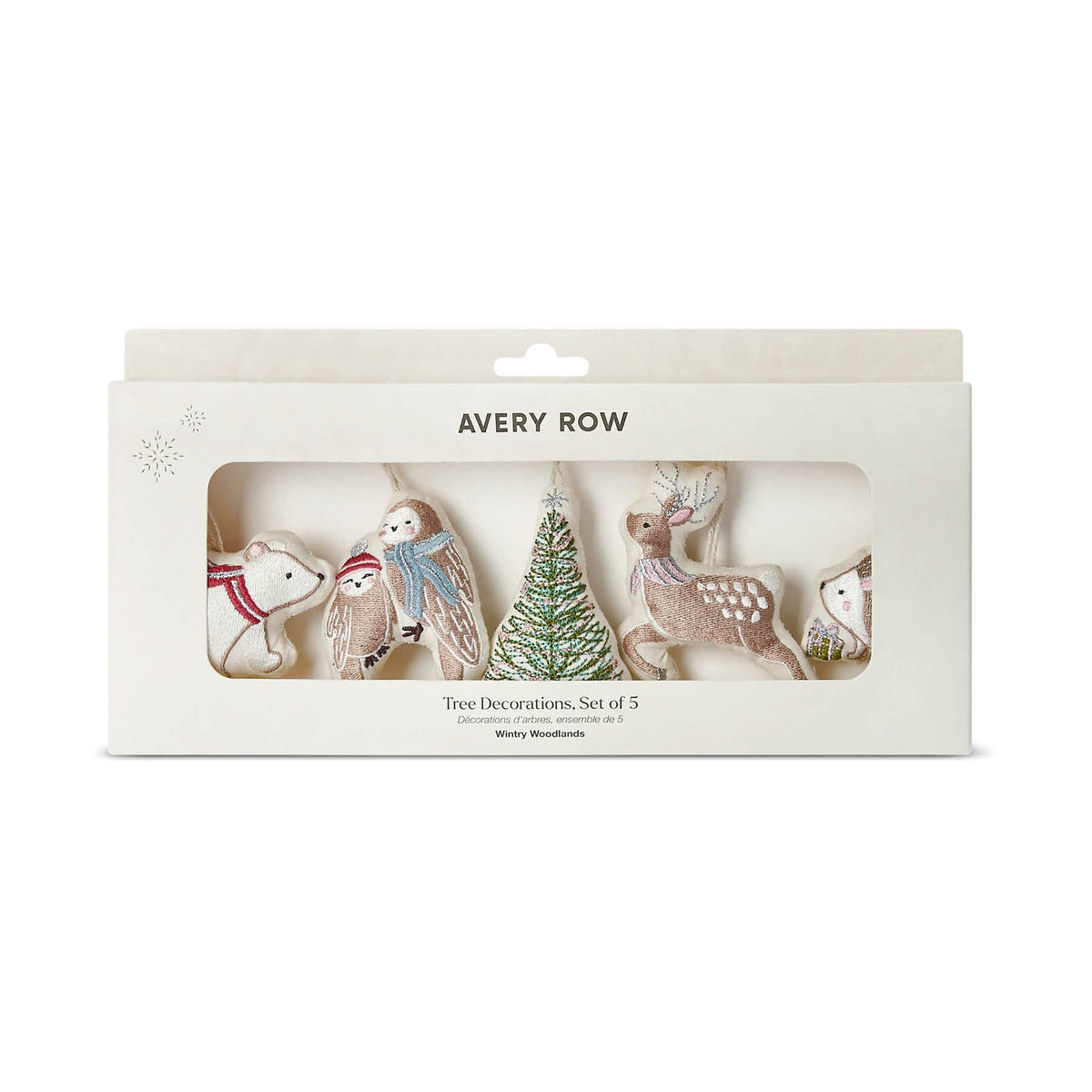 Avery Row Christmas tree decorations set of 5 in a white cardboard window box, featuring painted ornaments shaped like a polar bear, owls, tree, reindeer, and hedgehog.