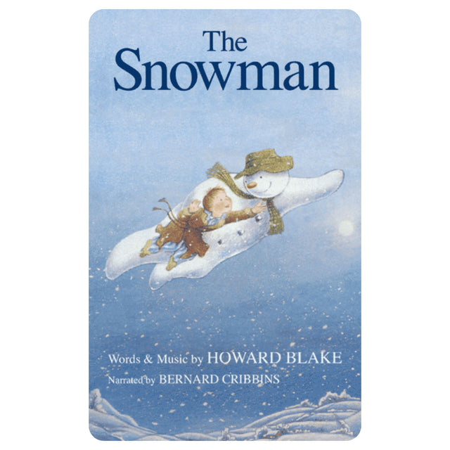 The Snowman book cover featuring a snowy blue-toned illustration of a child riding on a snowman, with the title 'The Snowman' at the top and credits for Howard Blake and Bernard Cribbins at the bottom.