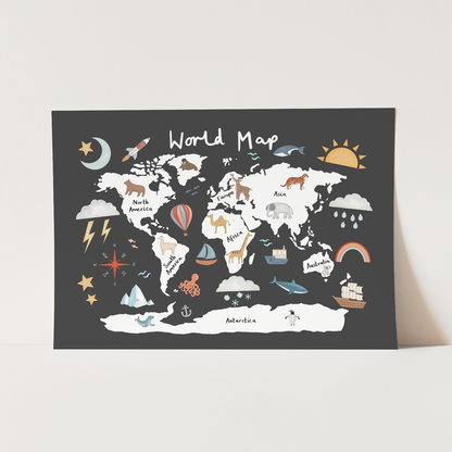 Kid of the Village World Map Fine Art Print - Black