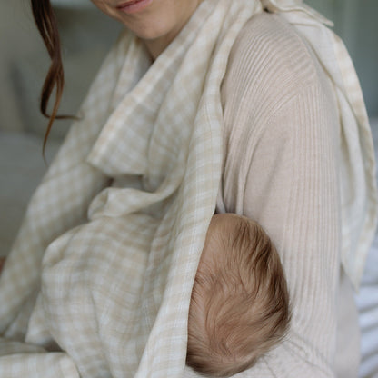 Ralphie Bear Large Muslin Swaddle - Gingham Beige