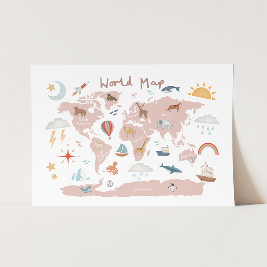 Kid Of The Village World Map Fine Art Print - Rose Pink
