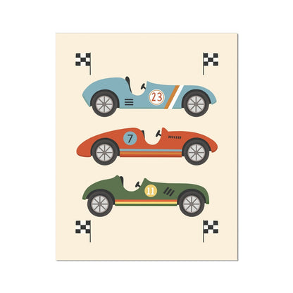 Kid Of The Village Race Cars Fine Art Print - Blue, Red, Green