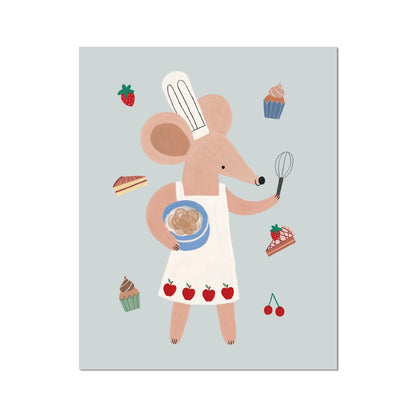 Kid of the Village Little Baker Mouse Fine Art Print - Blue