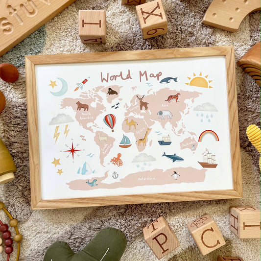Kid Of The Village World Map Fine Art Print - Rose Pink