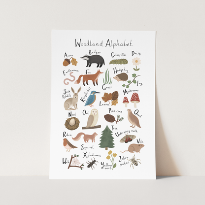 Kid Of The Village Woodland Alphabet Fine Art Print - White